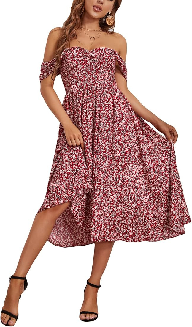 Kormei Women's Summer Boho Floral Off Shoulder Short Sleeve A Line Swing Party Midi Short Dress | Amazon (US)