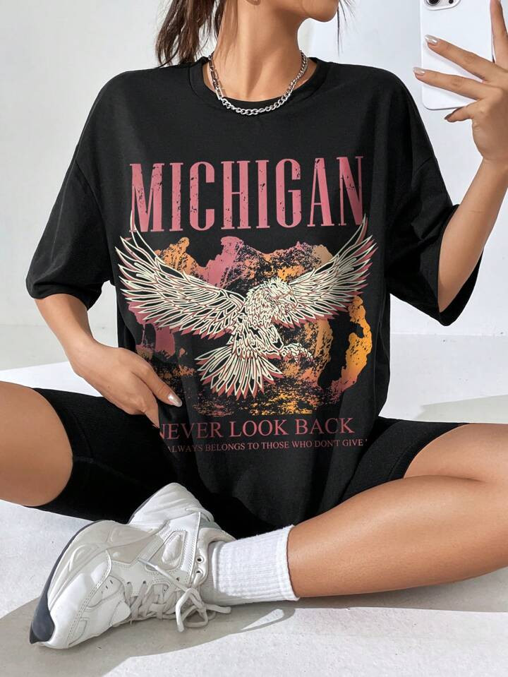 SHEIN EZwear Women's Loose Fit Eagle Print Round Neck T-Shirt | SHEIN