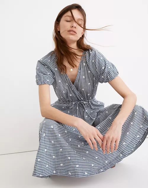 Embroidered Gingham Faux-Wrap Tie-Waist Midi Dress | Madewell