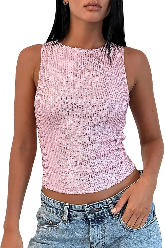 Amiblvowa Sequin Tank Top Women Y2k Sexy Sleeveless Sparkly Crop Camisole Slim Shiny Glitter Cami... | Amazon (US)