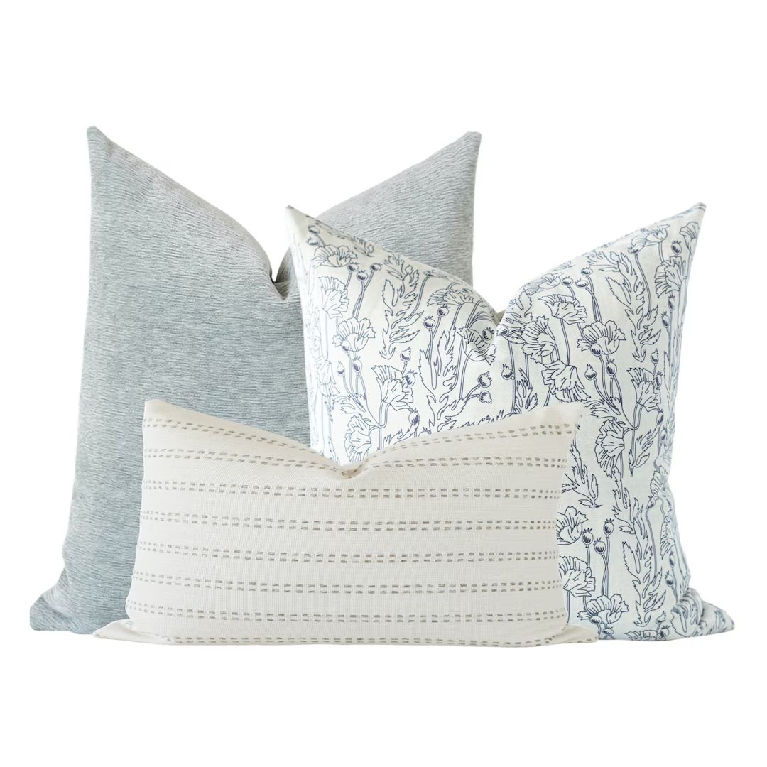 Pillow Combo Set, Neutral Stripe Pillow, Sage Velvet Pillow, Blue Floral Pillow Cover, Designer P... | Etsy (US)