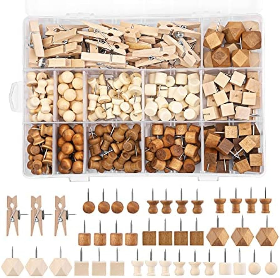 270 Pcs Wood Push Pins, 2 Colors and 7 Types Decorative Thumb Tacks Wooden Head Pin Marking Pin, ... | Amazon (US)
