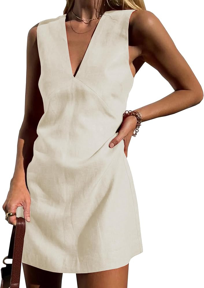 Womens Summer Cotton Linen V Neck Short Dress Sleeveless Mini Dress Casual A Line Tank Sundress | Amazon (US)