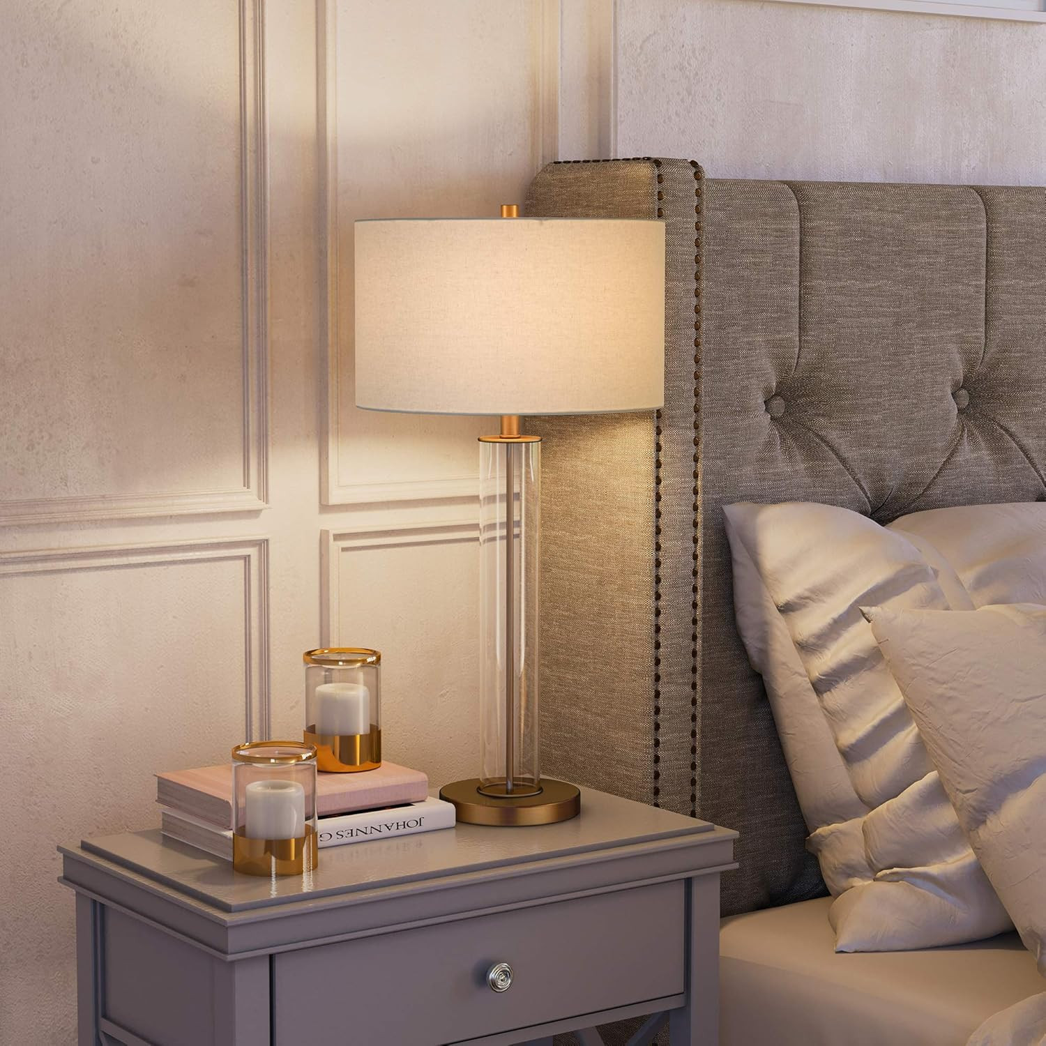 Harlow 29" Tall Table Lamp with Fabric Shade in Clear Glass/Brass/White | Amazon (US)