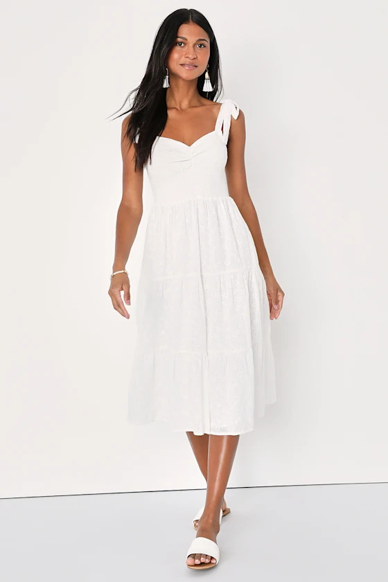 Très Belle Babe White Eyelet Embroidered Tie-Strap Midi Dress | Lulus (US)
