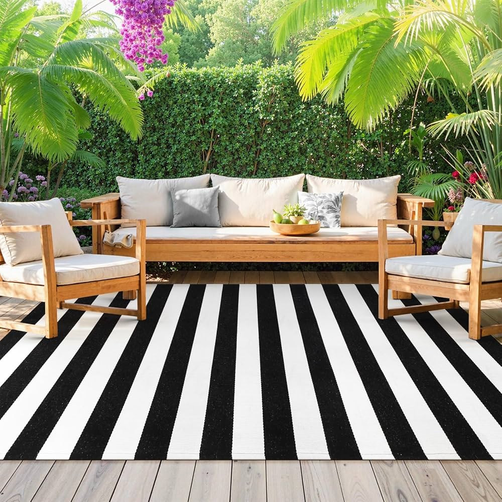 Black and White Striped Rug 5' 7" x 7' 7" Washable Large Patio Rug Cotton Hand Woven Indoor Outdo... | Amazon (US)