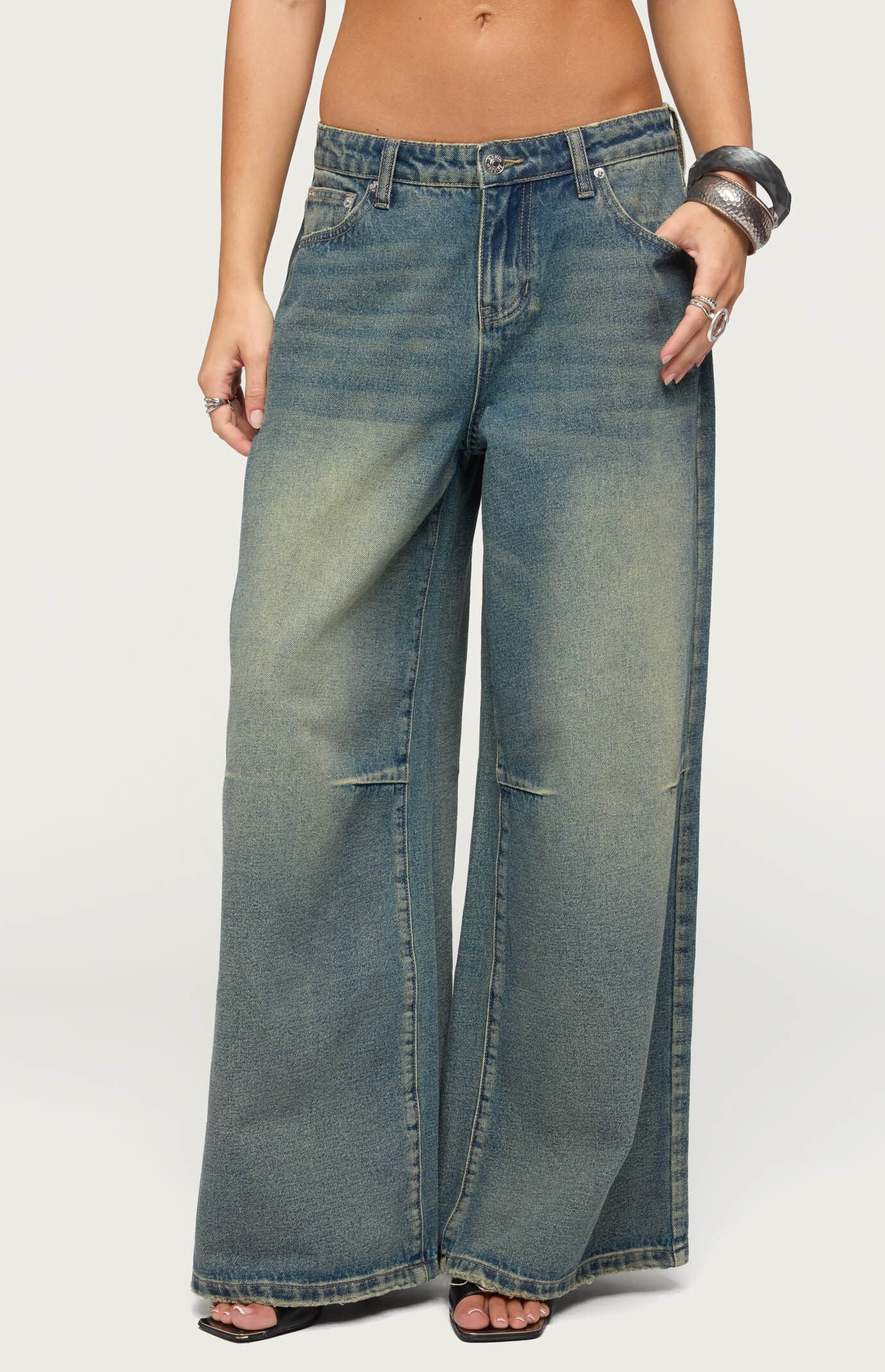 Edikted Women's Adjustable Button Low Rise Baggy Jeans in Dark Blue - Size XL | PacSun