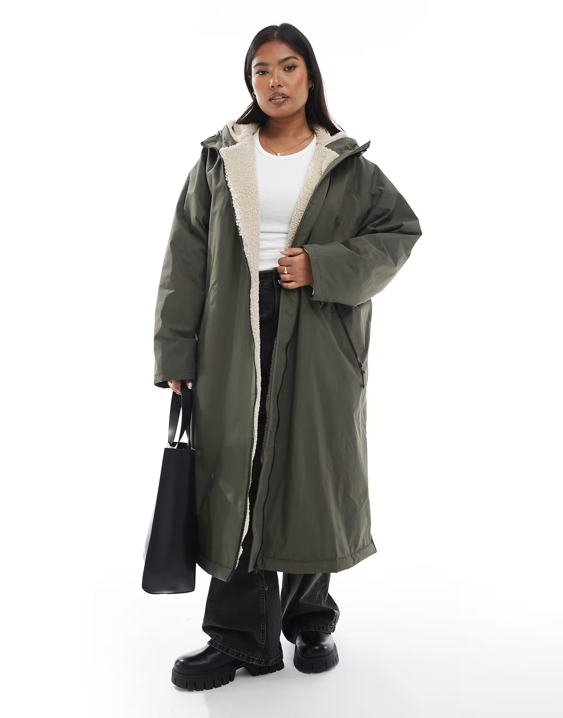 ASOS DESIGN Curve longline fleece lined rain coat in olive | ASOS | ASOS (Global)