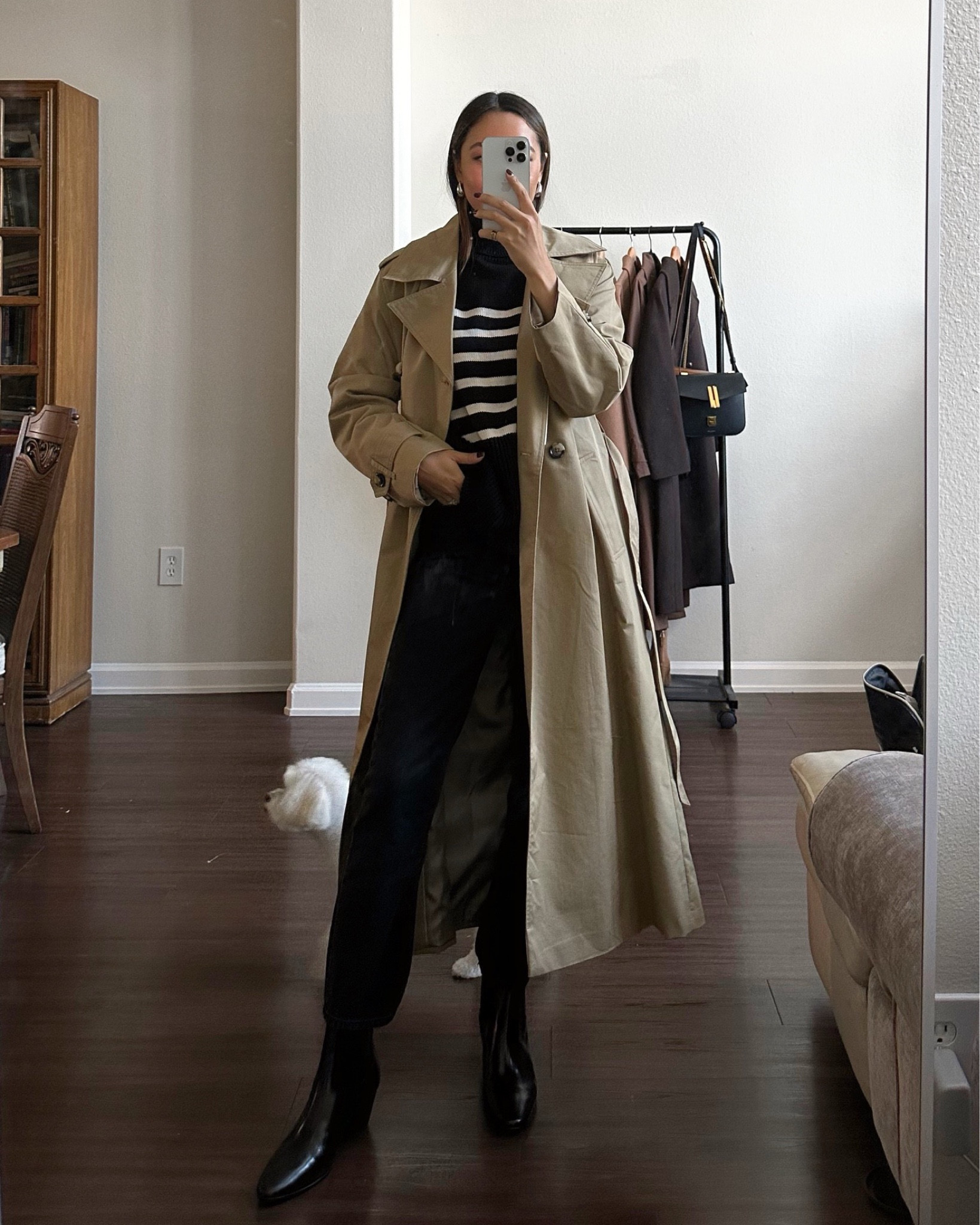 Fall outfit styling a trench coat - trench on sale at mango 

Mango trench coat - [runs big] wearing xs but need to exchange for an xxs 
Gap striped sweater xs 
Straight leg black jeans 

#LTKSeasonal #LTKsalealert #LTKtravel