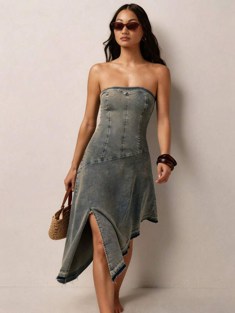 COSMINA Denim Abito Di Jeans A Tubino Con Orlo Asimmetrico Da Donna, Abito Di Jeans Blu, Design Con Spacco, Abito Estivo Da Donna, Adatto Per Fotografia Di Strada, Shopping, Incontri Con Amici | SHEIN