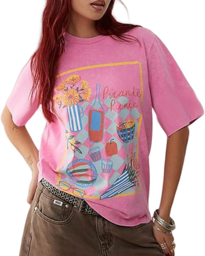 Y2k Oversized Summer Tops for Women Cute Bow Fruit Loose T Shirts Crew Neck Aesthetic Graphic Sho... | Amazon (US)