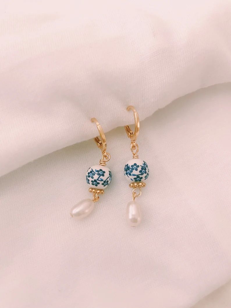 Dainty Blue Porcelain Genuine Freshwater Pearl Gold Huggie Earrings, Blue White Floral Porcelain ... | Etsy (US)