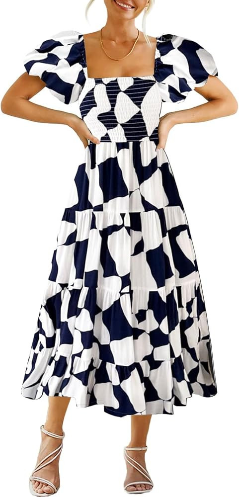 GOLDSTITCH Womens Smocked Maxi Dress Square Neck Ruffle Hem Puffy Short Sleeve Flowy Midi Dress | Amazon (US)