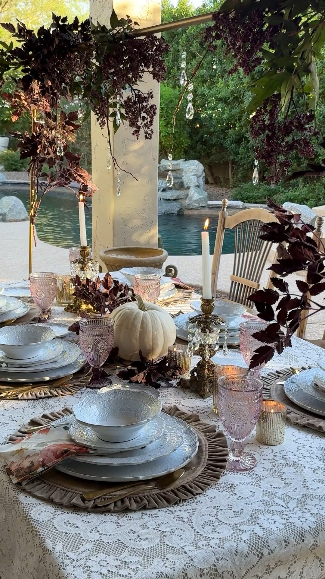 Romantic Fall Alfresco tablescape using Cimicifuga plum stems and dusty plum berry stems on my table rod. 

Dishware, placemats and napkins from Arte Italica and Crown Linen Designs. 

My tablecloth is a family heirloom. But I’ve linked another lace cloth that I also have and use regularly. 

#falltable #falltablescape #falldecor #tablescape #tabletopdecor

#LTKVideo #LTKHoliday

#LTKHome