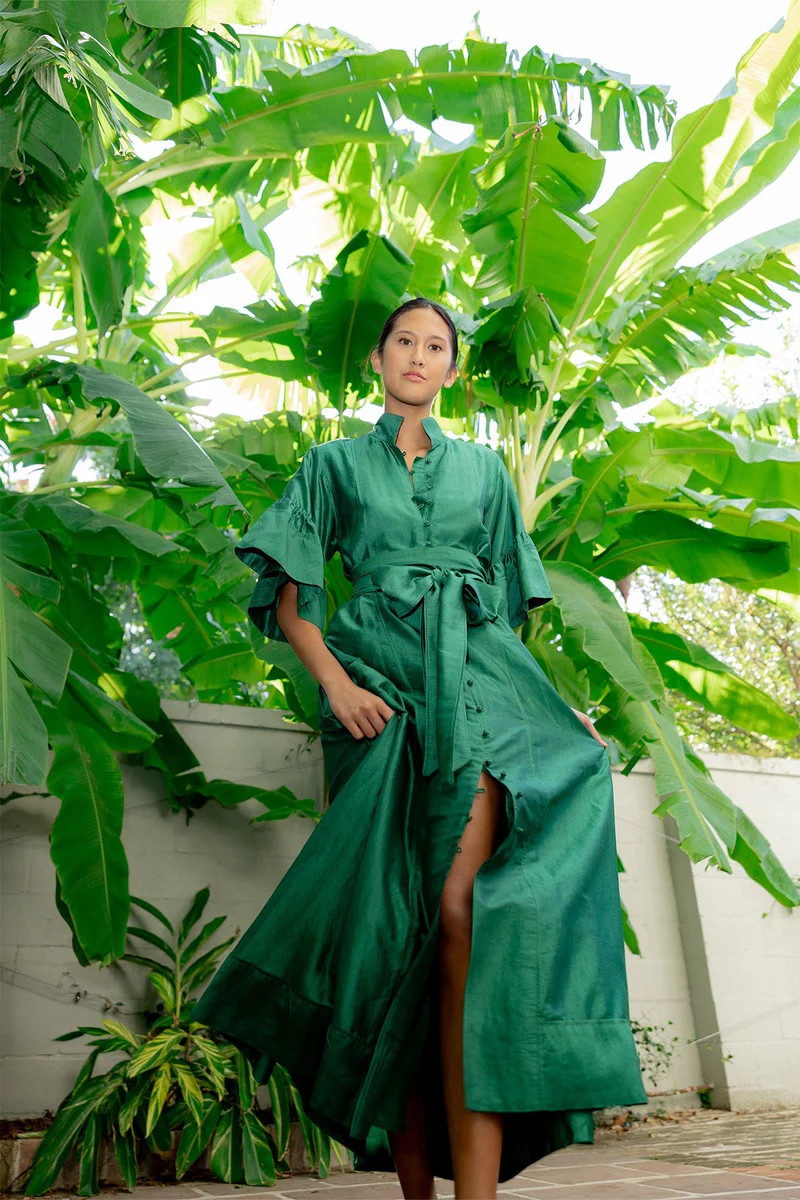 Leela Hostess Kaftan | Emerald Green Silk Taffeta | SUE SARTOR