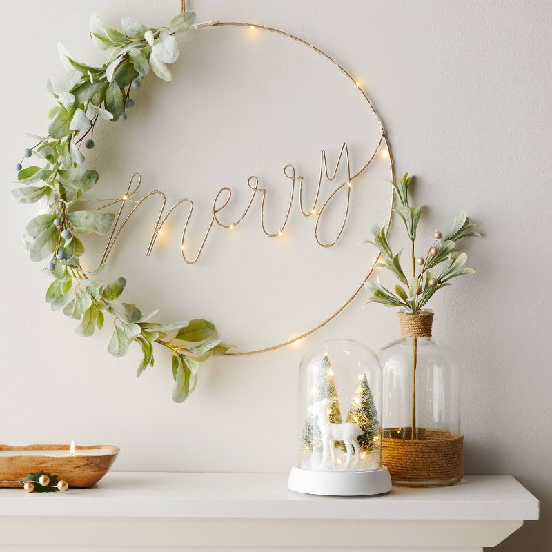 20&#34; Lit &#39;Merry&#39; Hoop with Faux Greenery Decorative Wreath Gold - Wondershop&#8482; | Target