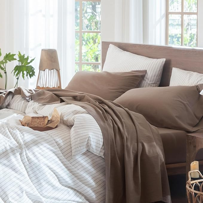 MooMee Sheet Set 100% Washed Cotton Linen-Like Extra Deep Pocket Cal King | Relaxed Linen-like Te... | Amazon (US)
