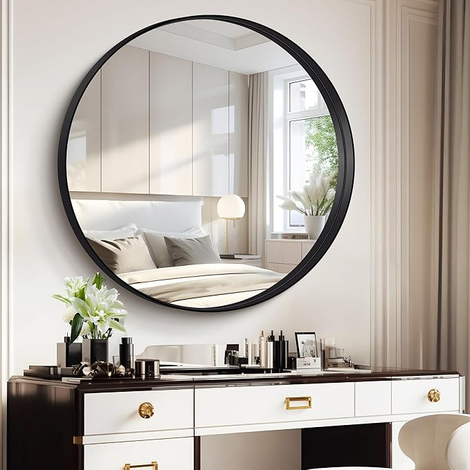Black Round Mirror 36 inch Deep Frame Circle Mirror, Metal Framed Bathroom Mirror, Round Vanity M... | Amazon (US)