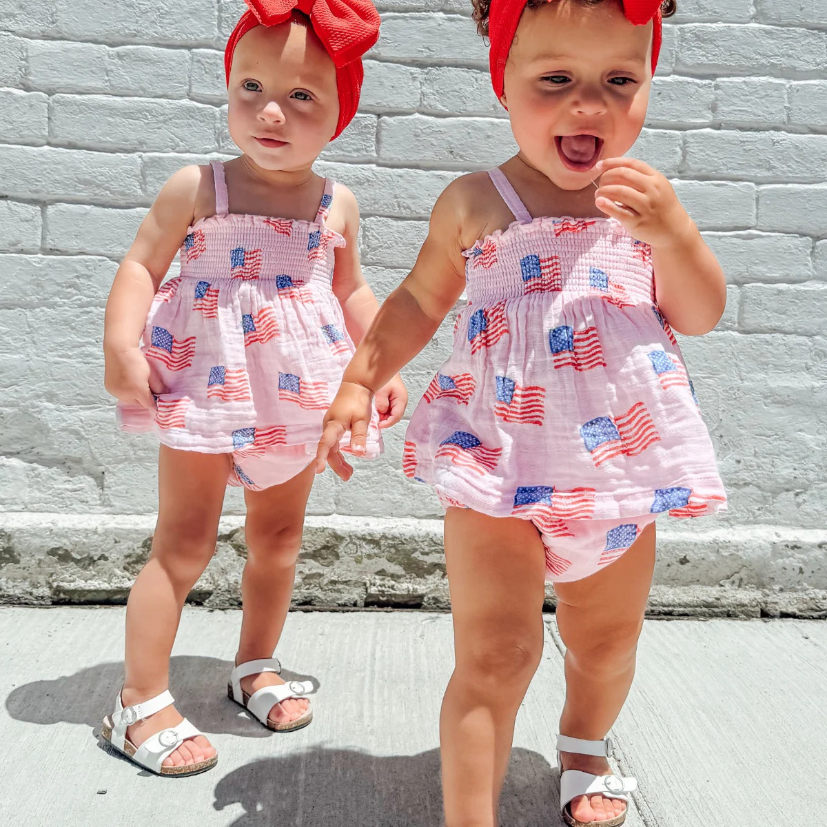Muslin Smocked Top & Bloomer, American Flag Pink | SpearmintLOVE