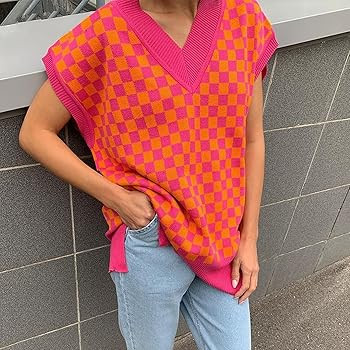 Meladyan Women Checkered Plaid Pattern Knit Sweater Vest Loose V Neck Knitwear Sleeveless Preppy ... | Amazon (US)