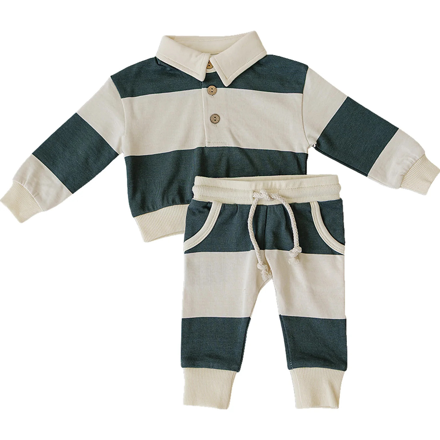 Green Stripe Collared French Terry Set | Mebie Baby