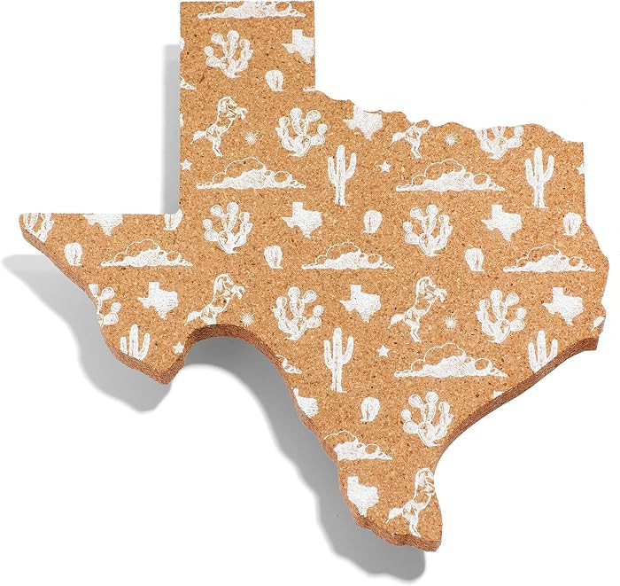 Texas Shaped Cork Pot Holder Coaster Trivet with White Texas Pattern - 9 Inch Hot Pad Gift (White... | Amazon (US)