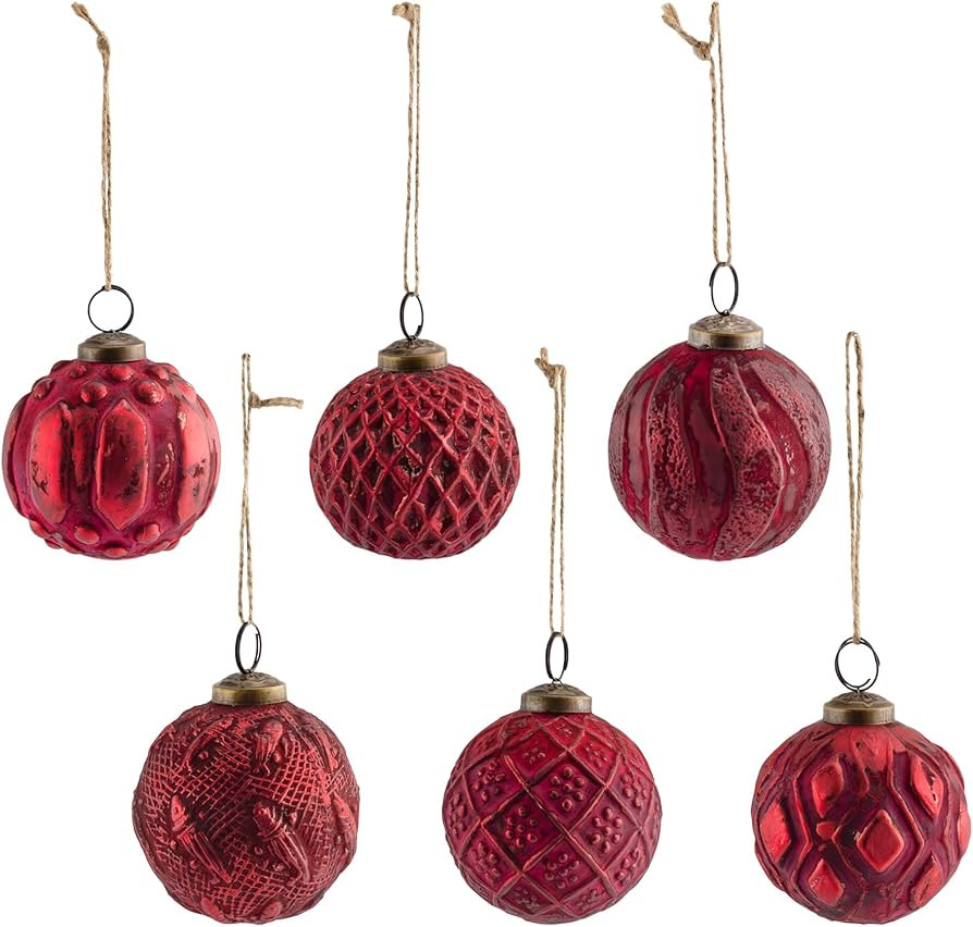 AuldHome Farmhouse Ball Ornaments (Set of 6, Red); Distressed Metal Glass Ball Vintage Style Chri... | Amazon (US)