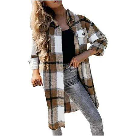 jsaierl Plaid Shacket for Women Button Down Wool Blend Fall Flannel Shirt Jacket Womens Fall Fashion | Walmart (US)