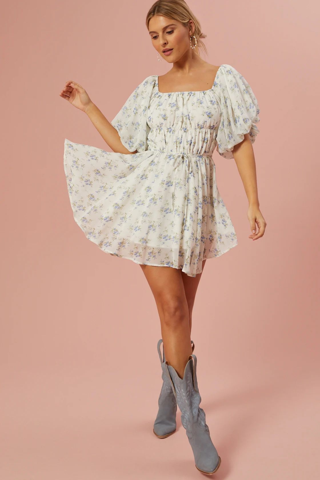 Amabella Floral Puff Dress in Ivory & Blue | Altar'd State | Altar'd State