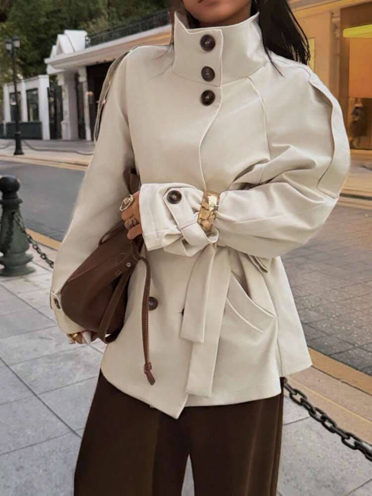 Elyressa Casual Solid Color Loose Waist Tie Long Sleeve Women Trench Coat | SHEIN