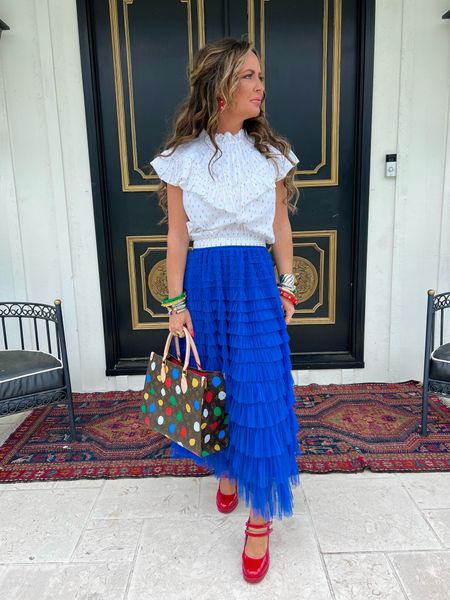I decided to highlight the royal blue in this Never a Wallflower blouse by pairing it with this tulle skirt, and I borrowed my daughter’s purse - it matched perfectly! #neverawallflower #ad 

#LTKOver40 #LTKStyleTip #LTKWorkwear
