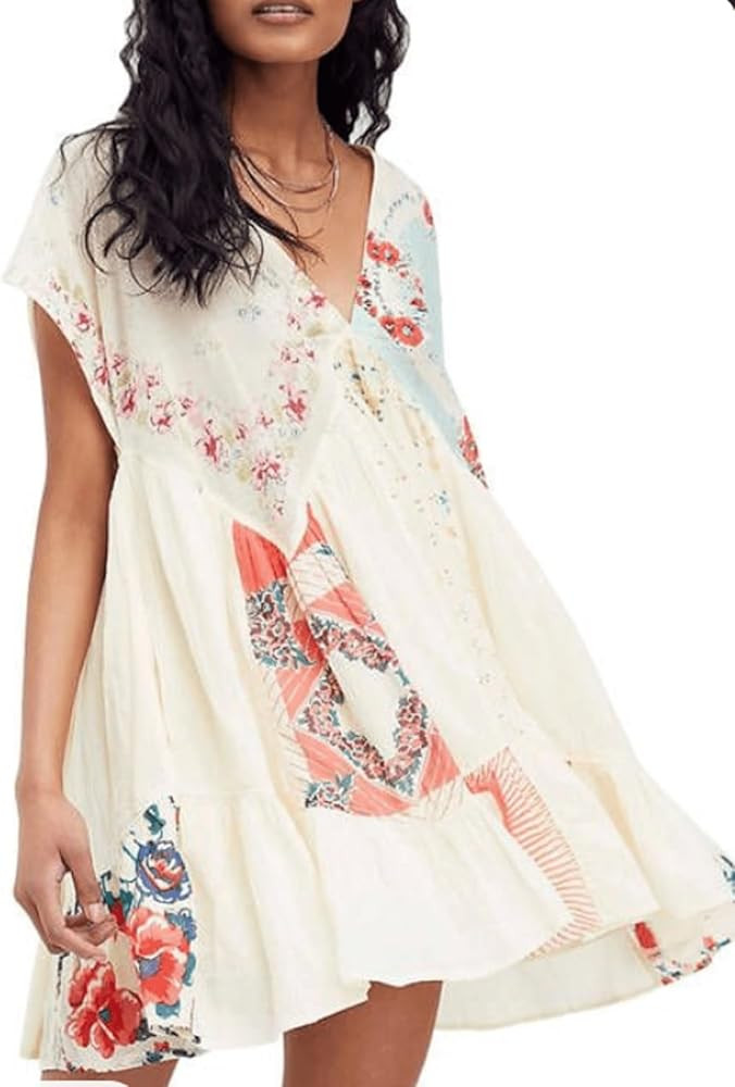 Women’s Boho Mini Dress Y2k Floral Print Deep V-Neck Puff Sleeve Short Dress 2025 Summer Loose ... | Amazon (US)