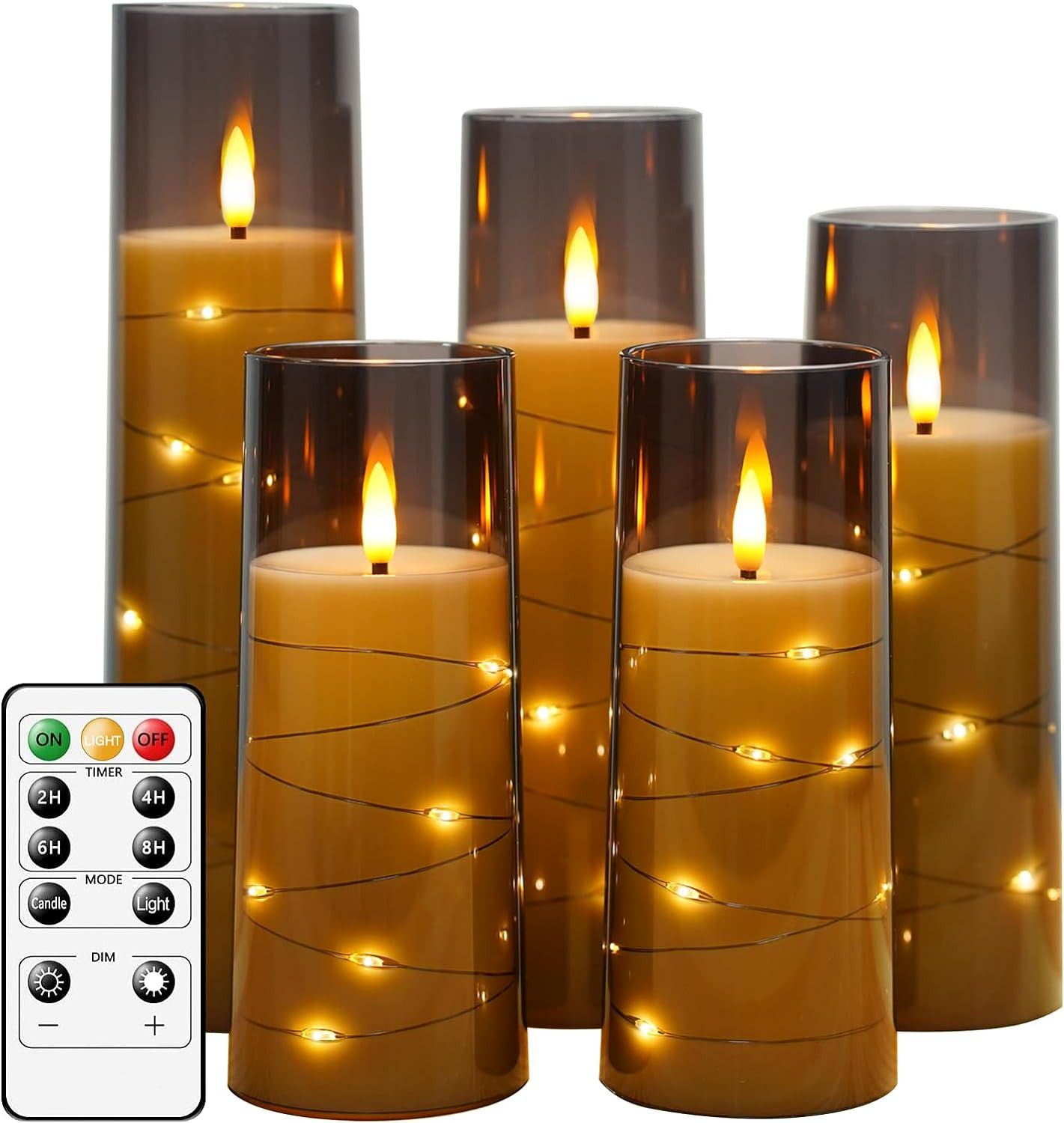 kakoya Flameless LED Candles with Timer 5 Pc Flickering Flameless Candles for Romantic Ambiance and Home Decoration Stable Acrylic Shell,with Embedded Star String，Battery Operated Candles（Grey） | Amazon (US)