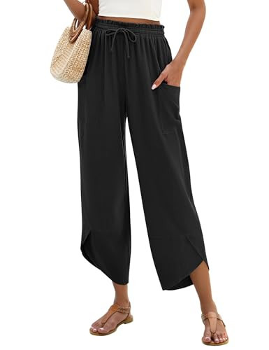 LOMON Women Linen Palazzo Pants Summer Boho Wide Leg High Waist Casual Lounge Pant 2025 Beach Travel Vacation Outfits (Black,S) | Amazon (US)