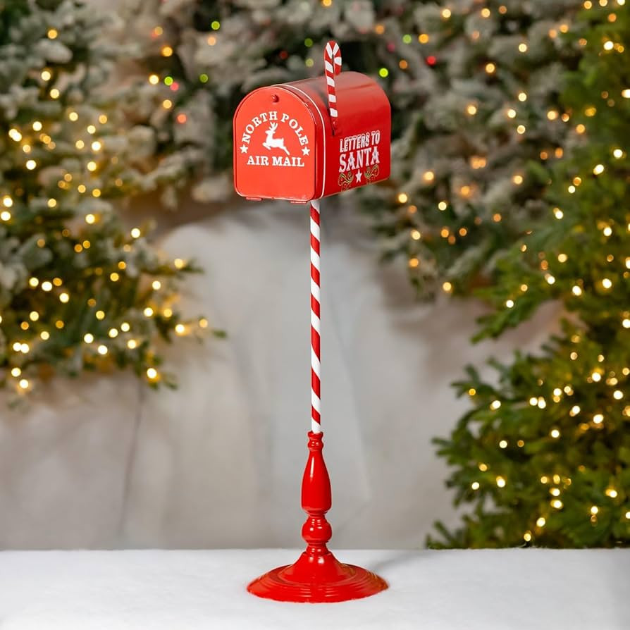 31" Tall North Pole Metal Mailbox with Candy Cane Stand (Red) | Amazon (US)