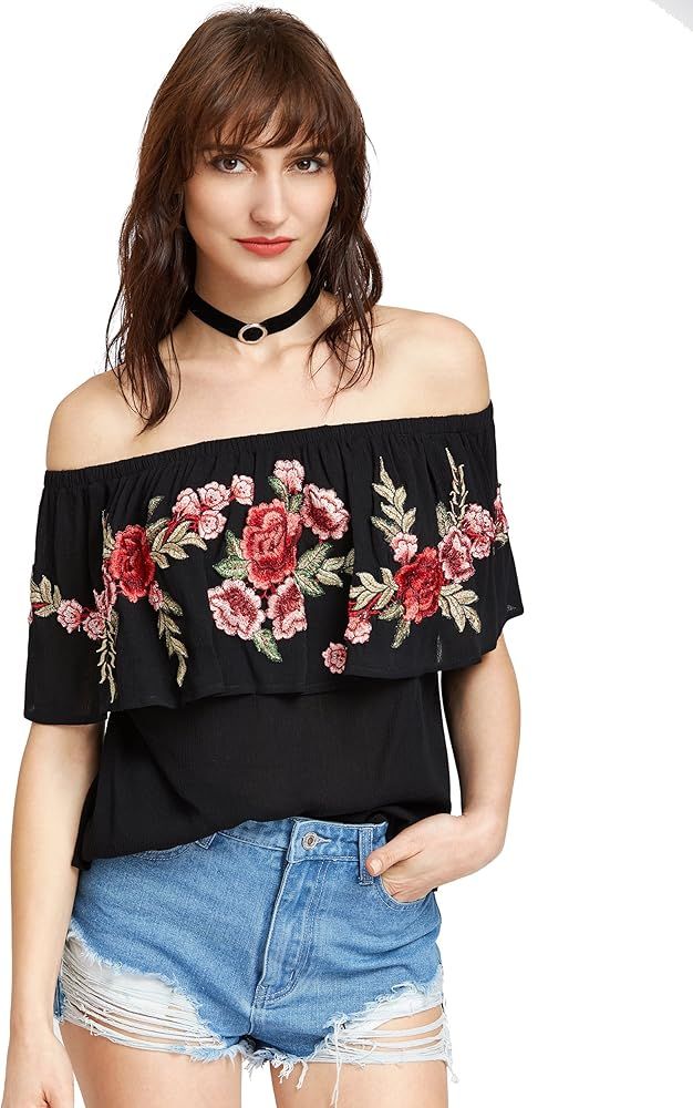 Floerns Women's Ruffle Off Shoulder Rose Embroidery Loose Blouse Top | Amazon (US)