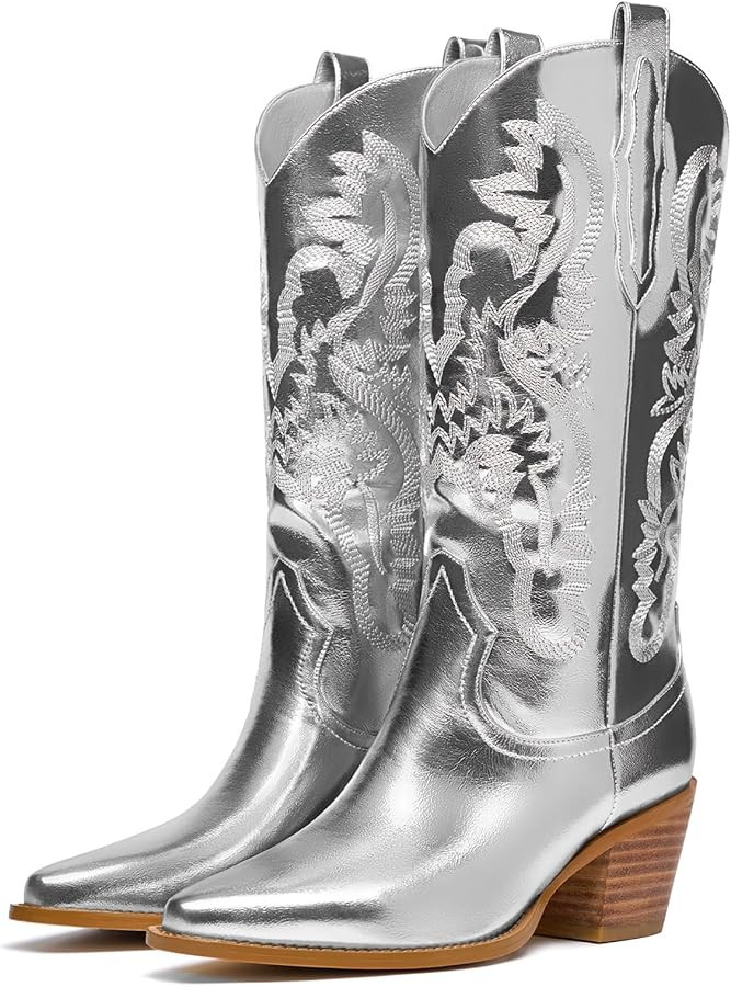 GOSERCE Cowboy Boots for Women - Metallic Mid Calf Cowgirl Boots with Embroidery Sparkly Western ... | Amazon (US)