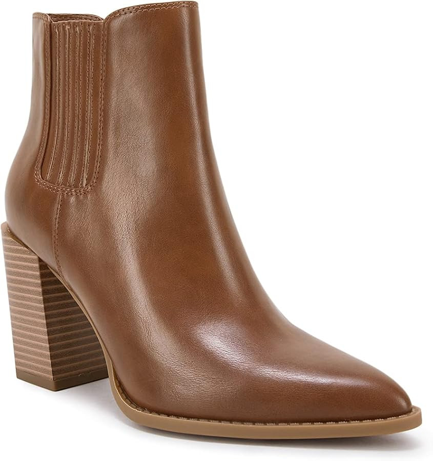 Womens Booties Pointed Toe Stacked Heel Fashion Chelsea Ankle Boots | Amazon (US)