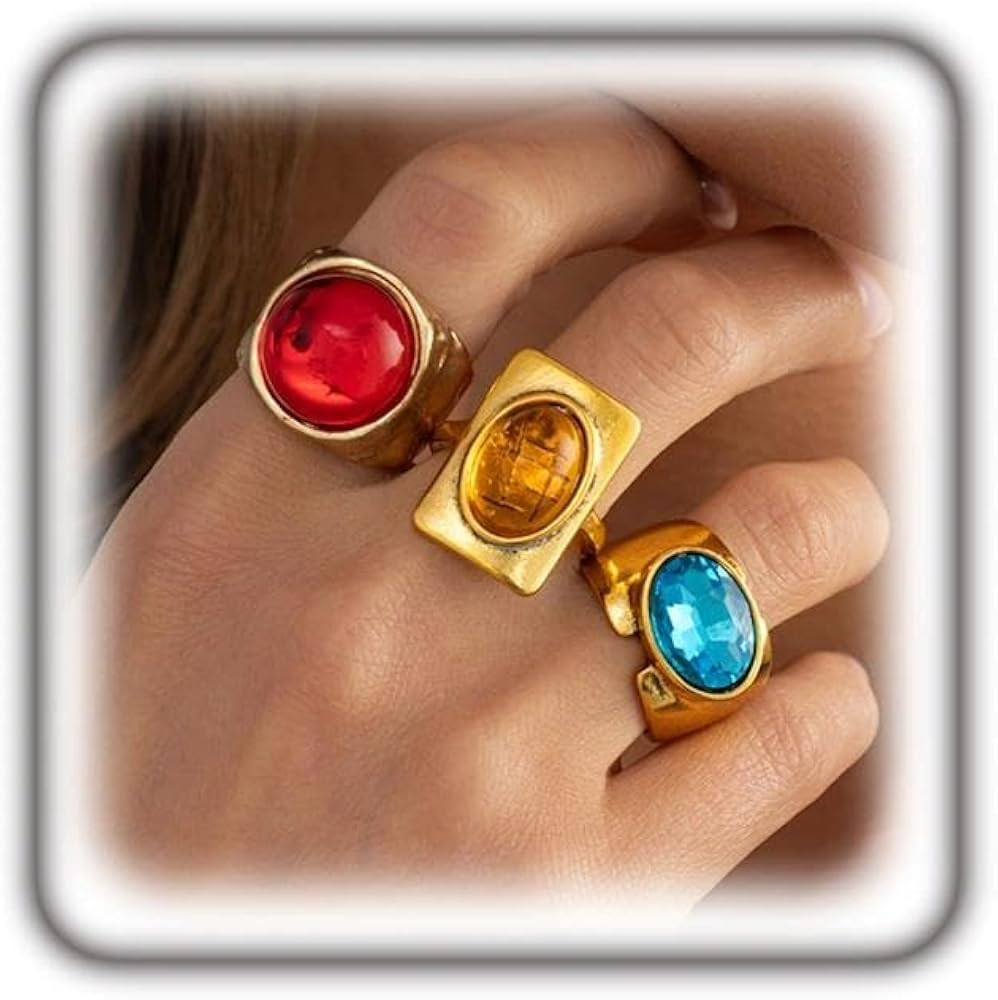 GIGB PBDK 3Pcs Colorful Oval Resin Open Ring Set for Women, Vintage Gold Stackable Geometric Roun... | Amazon (UK)