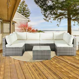 JUSKYS Gray Wicker 7-Piece Modular Outdoor Sectional Patio Furniture Conversation Set w/Beige Cus... | The Home Depot