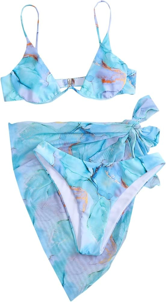 SheIn Women's 3 Piece Tie Dye Underwire Bikini Set Swimsuit and Cover Up Beach Skirt | Amazon (US)