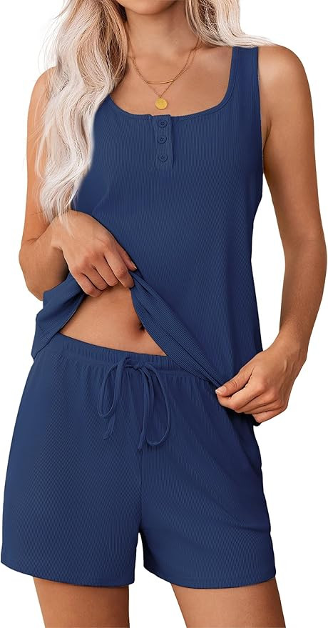 Ekouaer Womens Sleeveless Pajamas Set Tank Top and Shorts Set Ribbed Knit Pjs Set Summer Sleepwea... | Amazon (US)