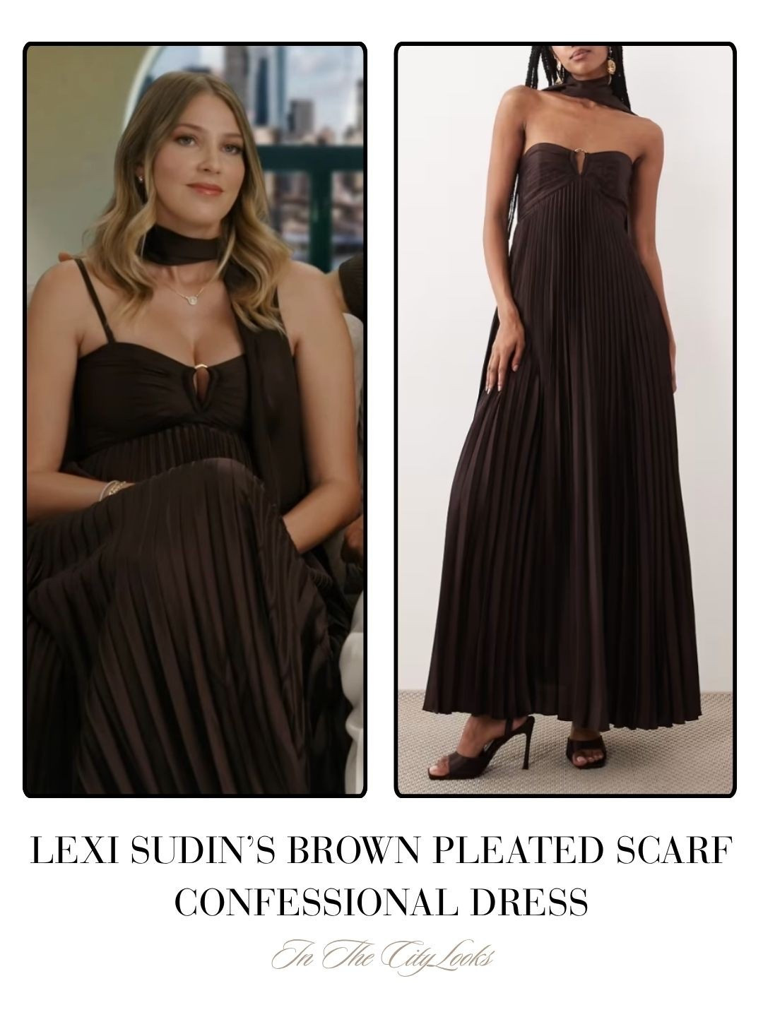 Lexi Sudin’s Brown Pleated Scarf Confessional Dress