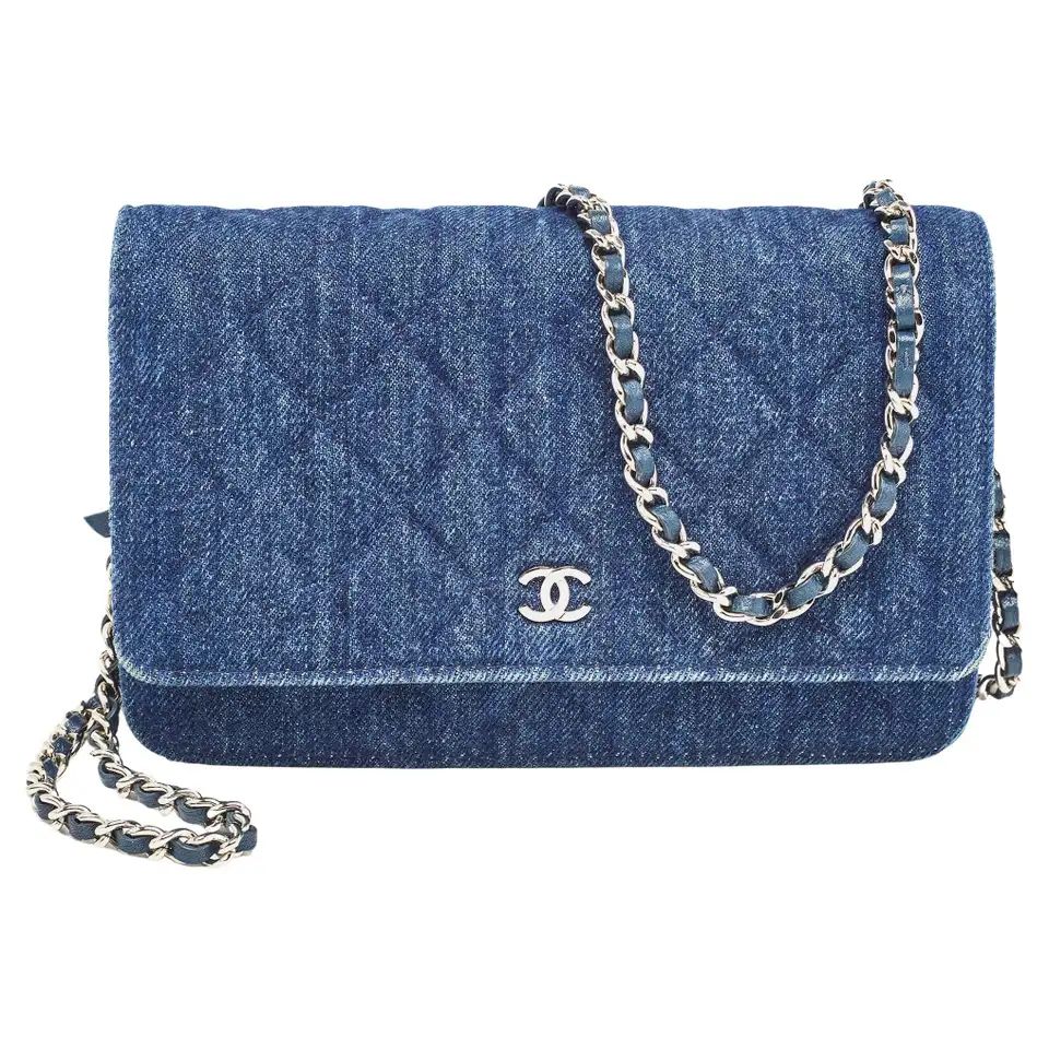 Chanel Blue Quilted Denim Classic Wallet On Chain | 1stDibs