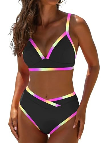 popvil High Waisted Bikini Sets for Women Neon Two Piece Swimsuit Sexy High Cut 2026 Tummy Control Bathing Suit Ladies Beach Summer Black Neon | Amazon (US)