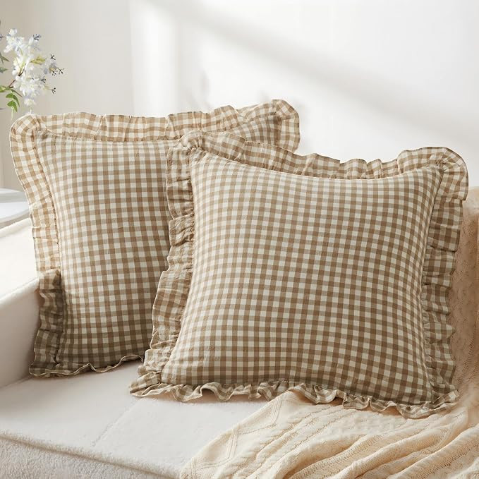 KKJIAF 2 Pcs Ruffle Gingham Pillow Covers 20" x 20", Taupe/White Plaid | Soft & Breathable Cotton... | Amazon (US)