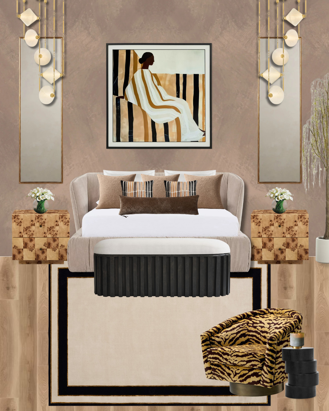 Warm neutrals, bold contrast, and a little wild side 🐅🤎 I love how the tiger print, burl wood, sculptural lighting, and black accents give this bedroom so much personality while still feeling elevated and collected. Shop all of my picks to recreate the look ✨ 

 #LTKHome #LTKFinds #BedroomInspo #InteriorDesign #HomeDecor #BedroomDecor #DesignerFinds #HomeInspo #LTKSeasonal #LTKHome #LTKSaleAlert