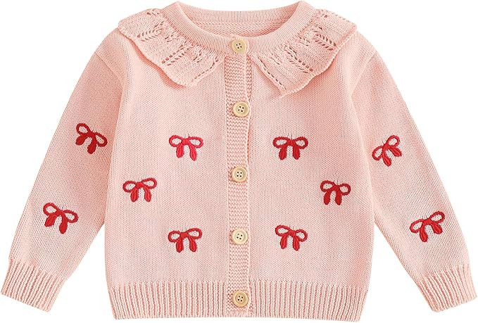 Baby Girl Bow Sweater Cardigan Open Front Button Down Long Sleeve Knitwear Coat Toddler Fall Spri... | Amazon (US)
