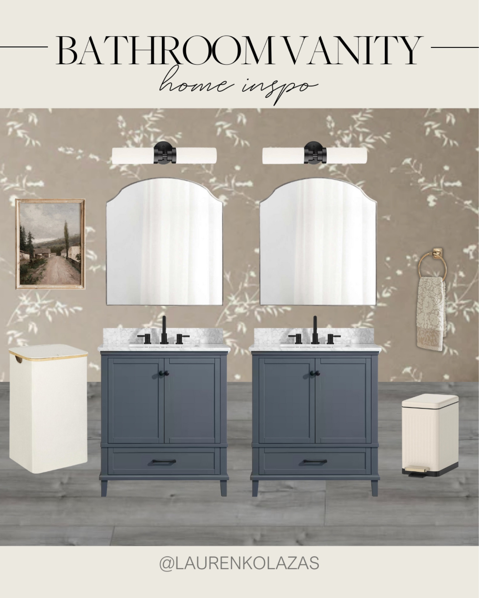 Check out this bathroom vanity inspo featuring this beautiful deep blue vanity and patterned wallpaper. Make sure to also get some pendant lights, vintage mirror, and more!
#bathroomrefresh #renovationtips #interiordesign #guestroom 

#LTKHome #LTKSeasonal #LTKStyleTip