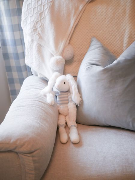Decor for blue baby boy nursery - bunny stuffed animal, glider and pillow with gingham curtains 

#LTKbaby #LTKhome